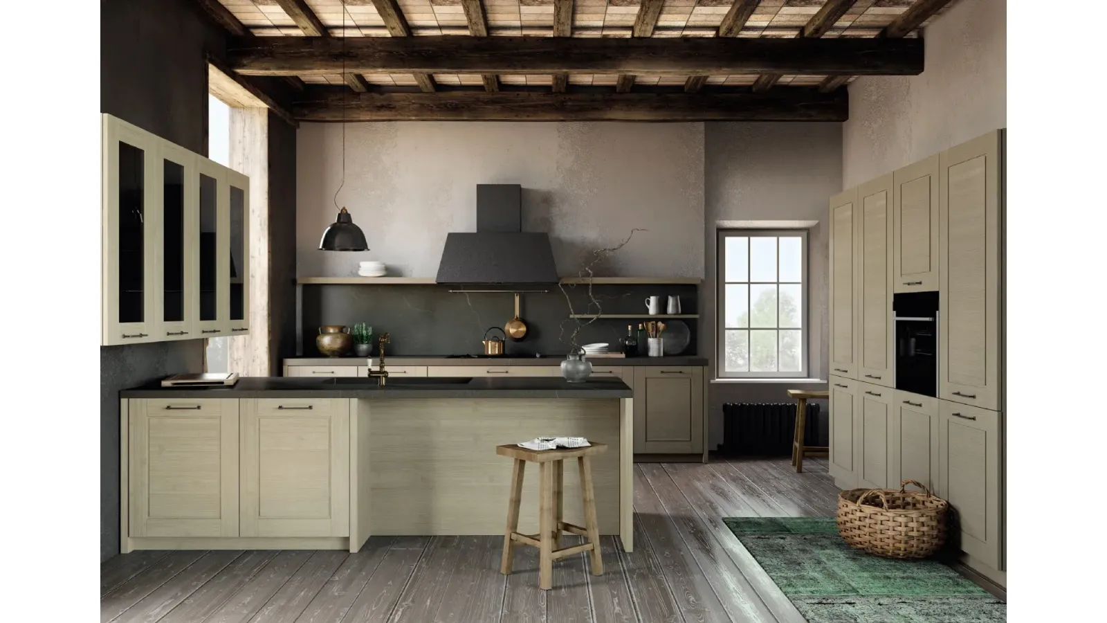 Cucina Moderna con penisola Cottage in legno di abete spazzolato di Fratelli Mirandola