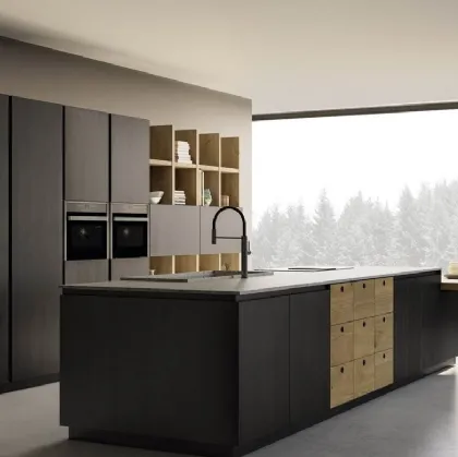 Cucina Moderna elegante con isola centrale New Time Gola in rovere vulcano e rovere natura di Mirandola